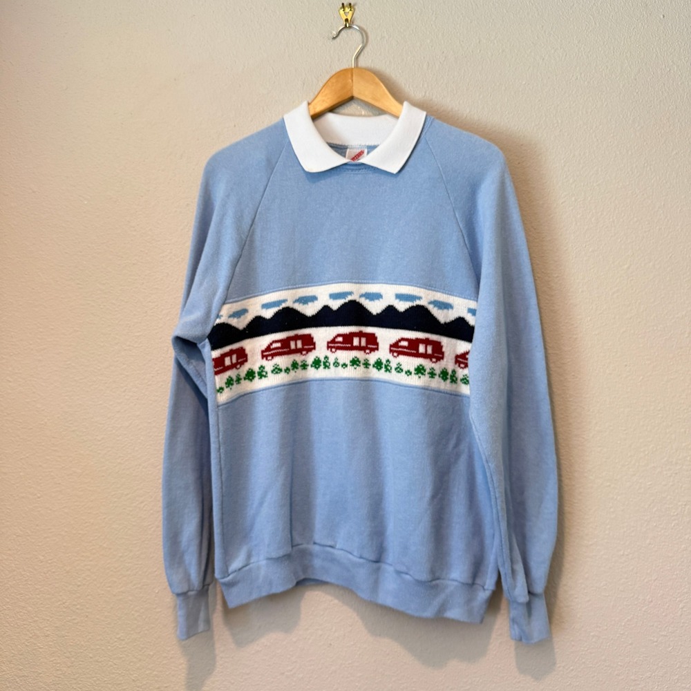 Vintage Jerzees Light Blue Collared Sweatshirt XL 90s Mountain Van Graphic USA